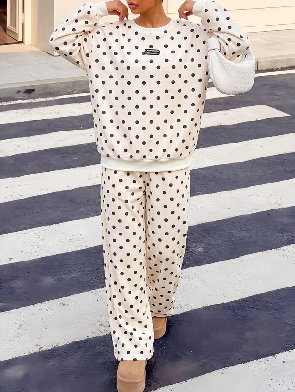 Tween Girl Polka Dot Print Drop Shoulder Hoodie & Pants