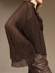 Ontre Ruffle Trim Flounce Sleeve Plisse Top Brunch Dinner Dark Brown Autumn Romantic Elegant - Green - View 5