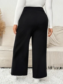 Plussiva Plus Solid Adjustable Waist Wide Leg Pants  Fall/Winter Casual Everyday - Black - View 2