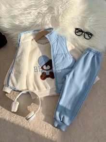 Baby Boy 3pcs Embroidery Bear Pattern Thermal Lined Vest Jacket & Sweatpants & Sweatshirt - Blue - View 4