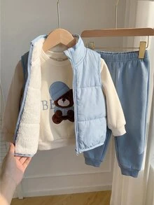 Baby Boy 3pcs Embroidery Bear Pattern Thermal Lined Vest Jacket & Sweatpants & Sweatshirt - Blue - View 3
