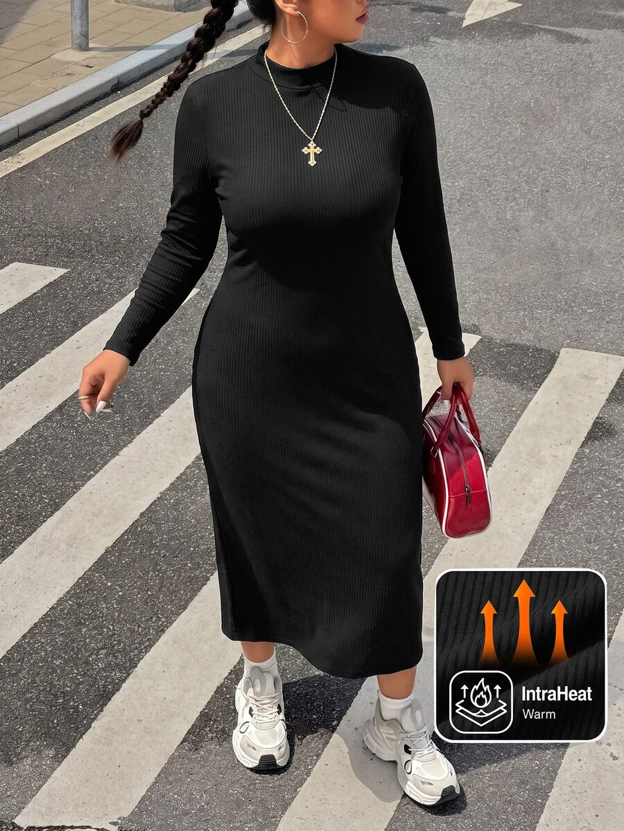 SHEIN BASICS Plus Size Black Round Neck Short Sleeve Fitted Elegant Basic Dresses Fall Outfits For Women Office Warm - Black - View 1
