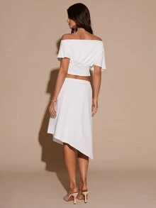 SHEIN BAE Atasan Crop Tanpa Bahu & Rok dengan Hem Asimetris - Putih - View 2