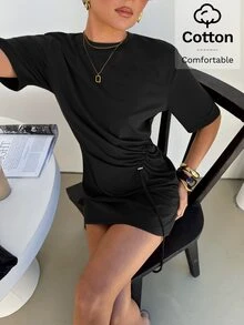 Lavishia Solid Drawstring Front Tee Dress - Black - View 4