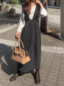 FRIFUL Solid Ruffle Trim Overall Dress Without Tee Brunch Dark Green Autumn French Elegant - Dark Grey - View 1