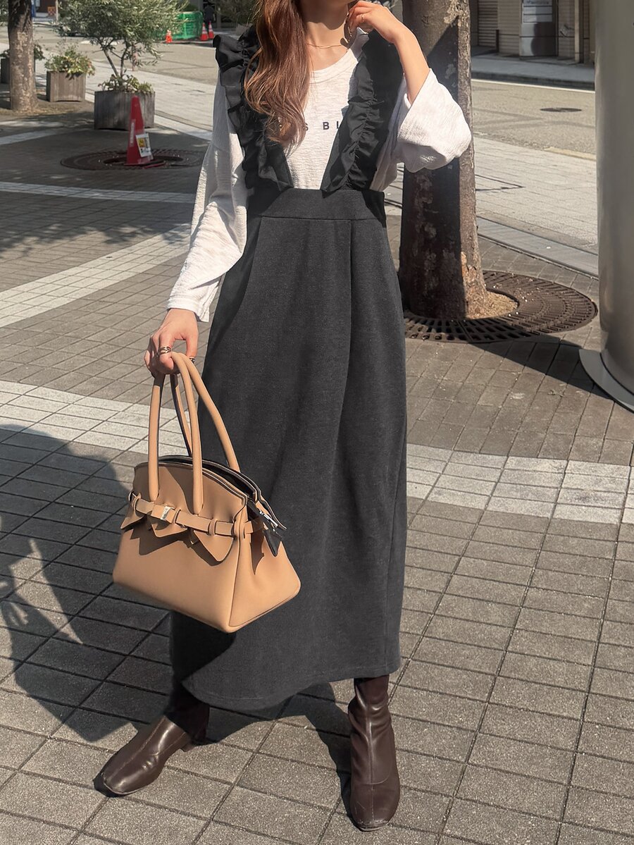 FRIFUL Solid Ruffle Trim Overall Dress Without Tee Brunch Dark Green Autumn French Elegant - Dark Grey - View 1