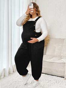 Plussiva Plus Maternity Solid Button Detail Overall Without Tee - Black - View 6
