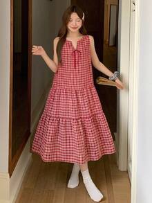 DAZY Plaid Tie Neck Ruffle Hem Lounge Dress - Red - View 5