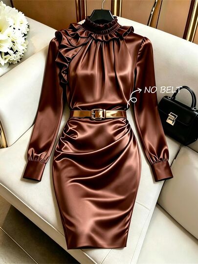 GlowEve CURVE Plus Ruffle Trim Mock Neck Ruched Satin Dress Without Belt