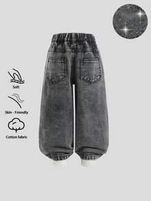 SHEIN Elladie kids 少女高腰寬腿牛仔褲 - 黑色 - 查看 2