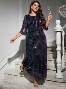 Reflora Women's Plus-Size Purple Sequin Mesh Overlay Dress – Perfect For Parties, Formal Banquets, Holidays, And Halloween - Purple - View 1