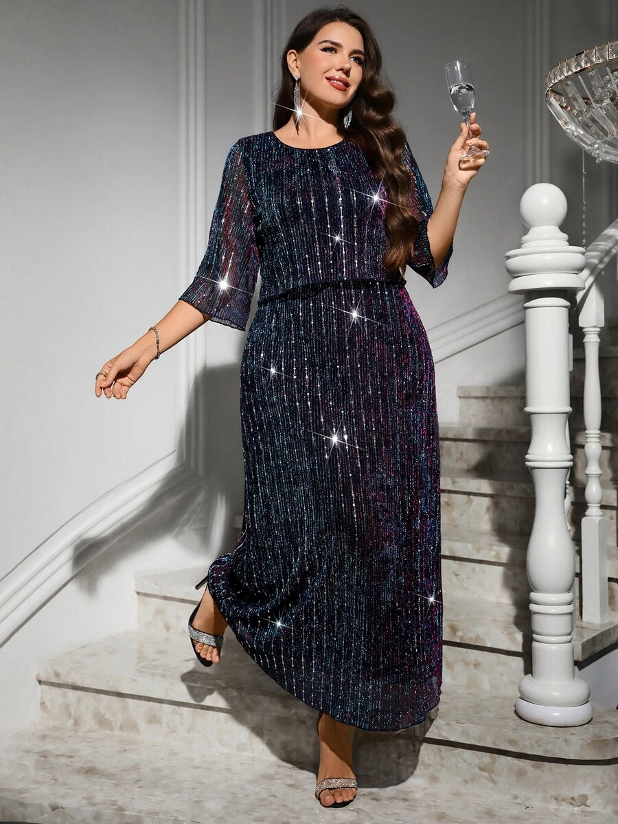 Reflora Women's Plus-Size Purple Sequin Mesh Overlay Dress – Perfect For Parties, Formal Banquets, Holidays, And Halloween - Purple - View 1