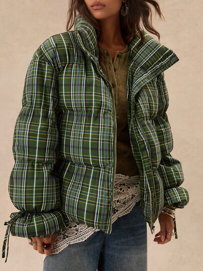 Easelle Plaid Print Drawstring Cuff Puffer Coat