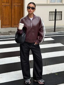 DAZY Contrast Side Seam Raglan Sleeve Bomber Leather Jacket Fall - Burgundy - View 5