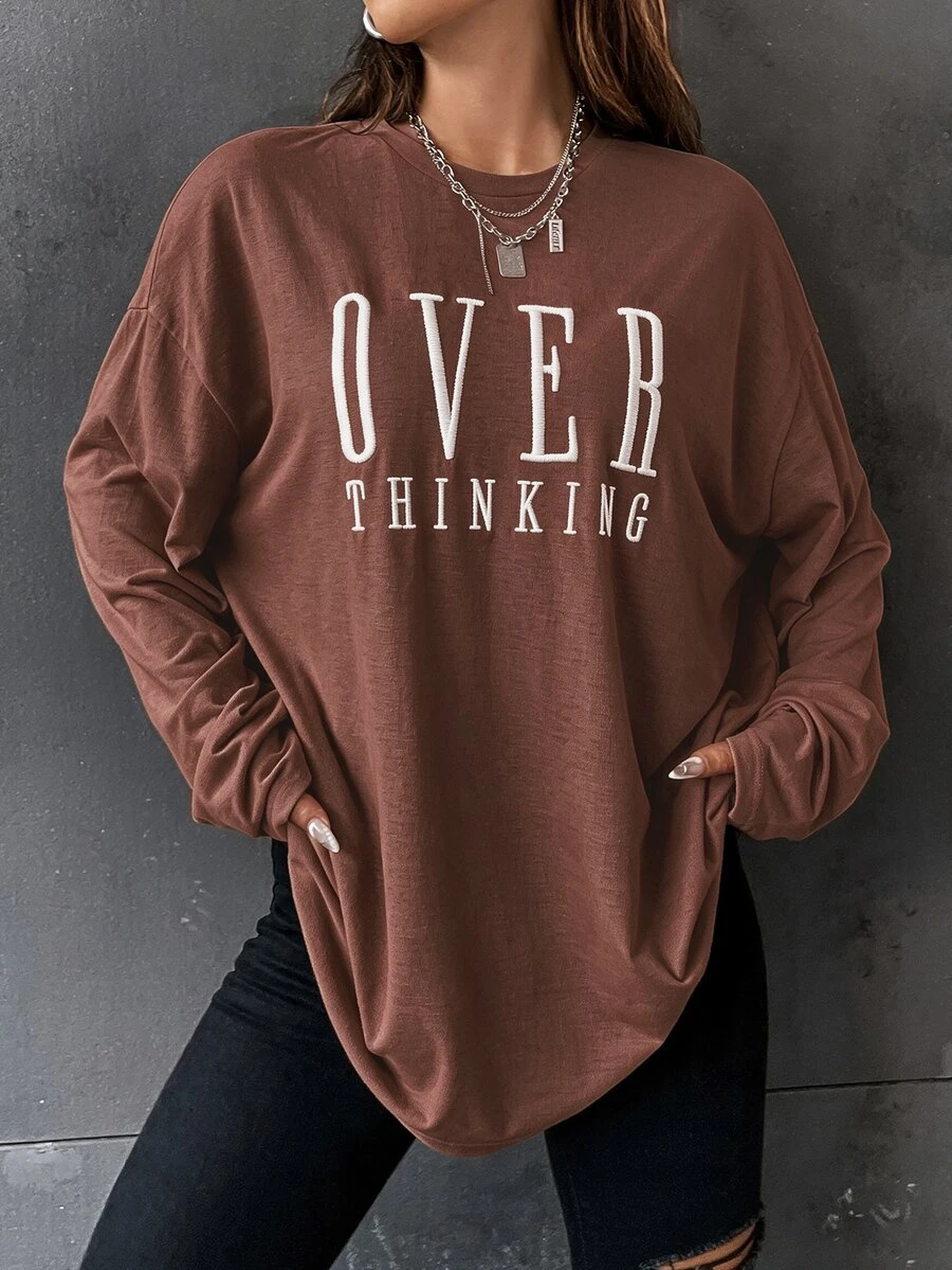 SHEIN Unity 字母刺繡落肩短袖T恤 - 咖啡棕 - 查看 1