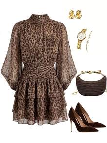 Lavishia Vestido con estampado de leopardo, mangas de farol y bajo con volantes - Caqui - Ver 1