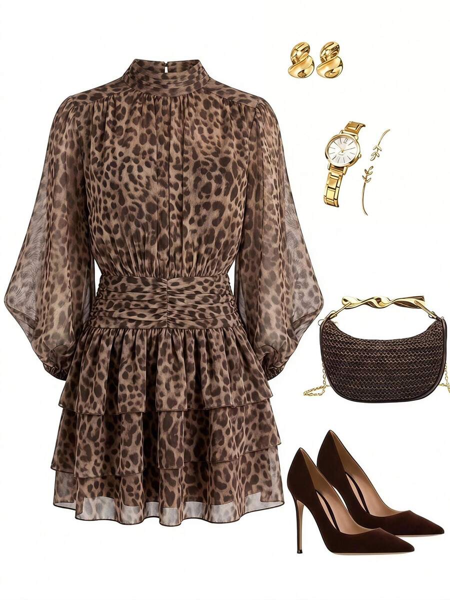 Lavishia Vestido con estampado de leopardo, mangas de farol y bajo con volantes - Caqui - Ver 1