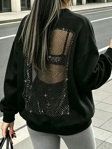 Rovax Rhinestone Detail Drop Shoulder Sweatshirt - Black - View 2