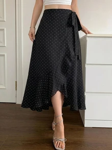 DAZY Polka Dot Ruffle Trim Wrap Knot Side Skirt - Black - View 4