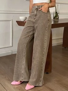 DAZY Celana Jeans Pinggang Tinggi dengan Potongan Lebar untuk Liburan Musim Gugur - Khaki - View 6