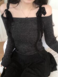 DAZY Solid Tie Shoulder Long Sleeve Tee Fall Vacation - Black - View 3