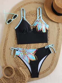 Swim Lushoire طقم تانكيني بطبعة زهرية مع حواف متباينة ورباط جانبي - متعدد الألوان - مشاهدة 2