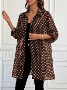 SHEIN Clasi Polka Dot Print Roll Tab Sleeve Shirt - Coffee Brown - View 6
