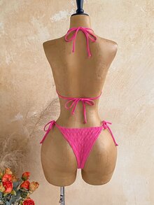 Soleia Plaid Print Smocked Halter Triangle Bikini Swimwears Bathing Beach Honeymoon Party Hot Pink Pink Summer Sexy - Hot Pink - View 4