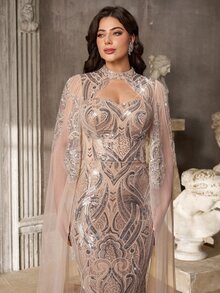 Aureia Plus Contrast Sequin Mesh Formal Dress With Cape - Apricot - View 4