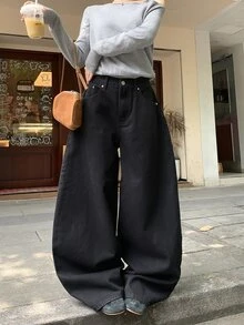 DAZY Contrast Ditsy Floral Wide Leg Jeans Cute Tops Everyday Black Floral Summer - Black - View 4