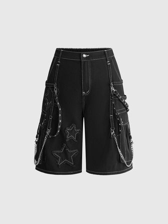 Grunge Punk Pantaloncini di jeans con stampa a stelle e dettaglio a catena, taglie forti