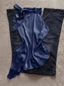 Attitoon Solid Knot Side Ruched Asymmetrical Hem Halter Top - Navy Blue - View 3