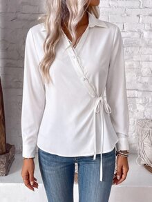 SHEIN LUNE Solid Contrast Lace Trim Knot Side Wrap Shirt - White - View 3