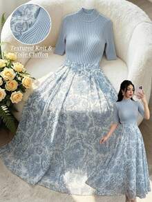 DAZY Set Kaos Leher Tinggi dan Rok Lipit Motif Paisley untuk Musim Gugur - Biru - View 7