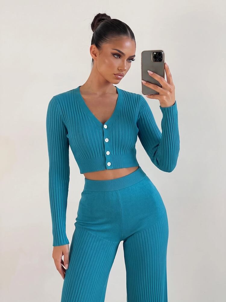 Sirith Ribbed Knit Button Front Cardigan & Knit Pants - Blue - View 5