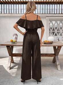 SHEIN Clasi Cold Shoulder Ruffle Trim Wide Leg Jumpsuit - Coffee Brown - View 2