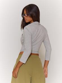 MUSERA Atasan lengan 3/4 model syal leher persegi warna abu-abu dengan efek lapisan, cocok untuk pakaian santai sehari-hari wanita di musim panas. - Light Grey - View 4