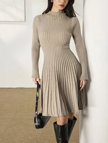 Heiryn Mock Neck Ribbed Knit Sweater Dress - Khaki - View 4