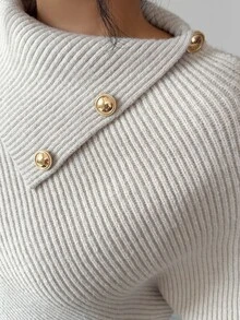 Elenzga 1pc Button Detail Batwing Sleeve Sweater - Apricot - View 4