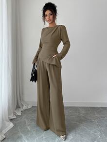 SHEIN Raffinéa 純色不對稱下擺T恤與寬腿長褲 - 卡其色 - 查看 6