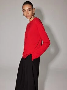Anewsta Essential Solid Button Front Sweater - Red - View 6