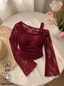 SHEIN MOD 不對稱領口喇叭袖透視蕾絲短版 2 合 1 上衣 - 酒紅色 - 查看 5