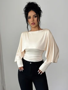 Elenzga 1pc Solid Ruched Waist Cape Bodysuit - Apricot - View 5
