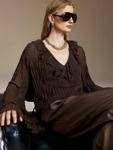Ontre Ruffle Trim Flounce Sleeve Plisse Top Brunch Dinner Dark Brown Autumn Romantic Elegant - Green - View 6