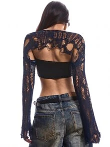 LYSMO Sexy Solid Ripped Super Crop Sweater Without Tube Top - Navy Blue - View 2