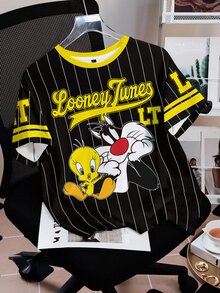 LOONEY TUNES X SHEIN 條紋與卡通圖案短袖T恤 - 白色 - 查看 7