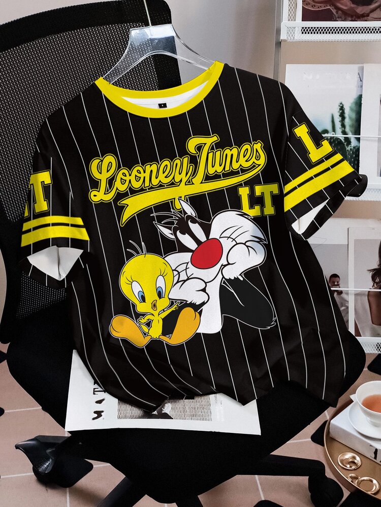 LOONEY TUNES X SHEIN Striped & Cartoon Graphic Short Sleeve Tee - White - View 7