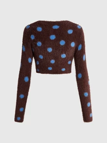 ROMWE Y2K Cardigan Rajut Pendek Berbulu dengan Motif Polkadot dan Kancing Depan - Coklat - View 2