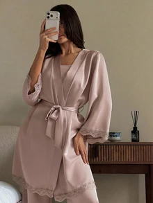 DAZY Contrast Lace Belted PJ Set - Pink - View 4