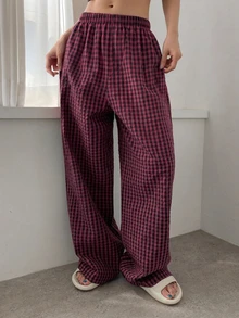 DAZY Gingham Print Sleep Pants - Burgundy - View 1